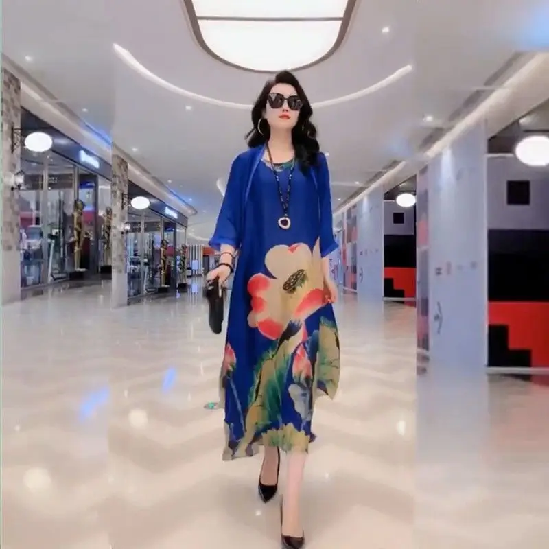 Temperament Printing Fashion Pullovers A-line Skirt Summer Loose Dignified New 2024 Women's Clothing Ladies Elegant Dresses