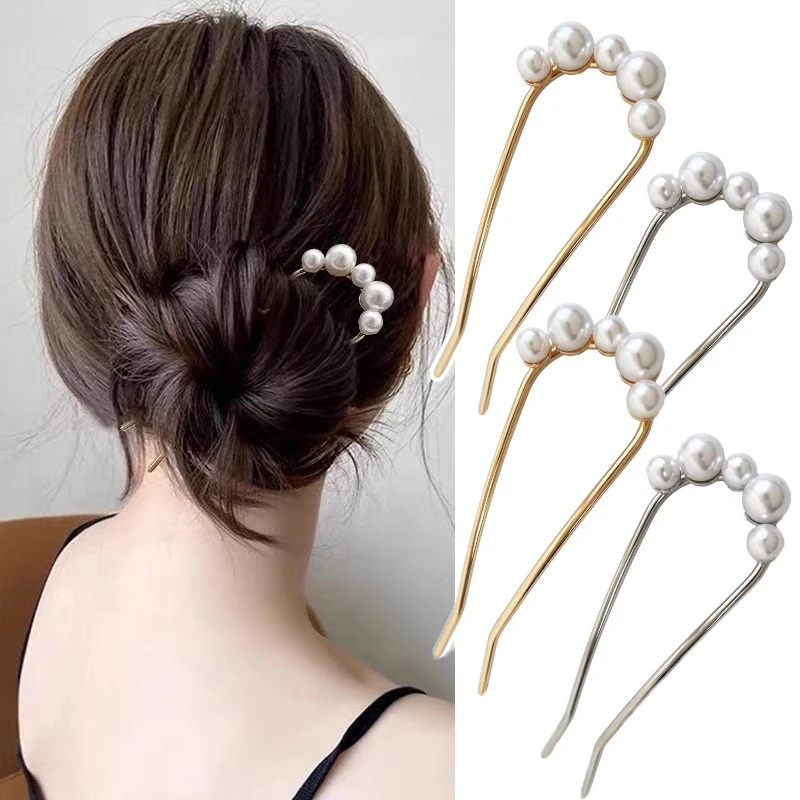 1/2pcs Simple Pearl Hairpins Korean U-shaped Metal Shell Hair Clip Pins Women Hair Sticks Bun Maker Hair Styling Accessories