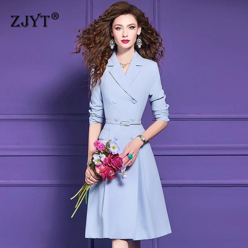 

ZJYT Elegant Chic Women's Plus Size Blazer Dress Double Breasted Long Sleeve Blue Office Lady Spring Fashion Robe Vestidos 2025