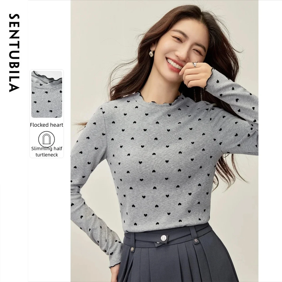 

SENTUBILA женские футболки с длинными рукавами, осенние элегантные повседневные топы с круглым вырезом и узором «любовь», облегающие теплые женские одежды153SF2449