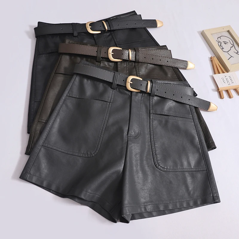 

ITOOLIN Women PU Leather Autumn Shorts With Belted Chic High Waist A-line Office Shorts Casual Loose Women Straight Trousers