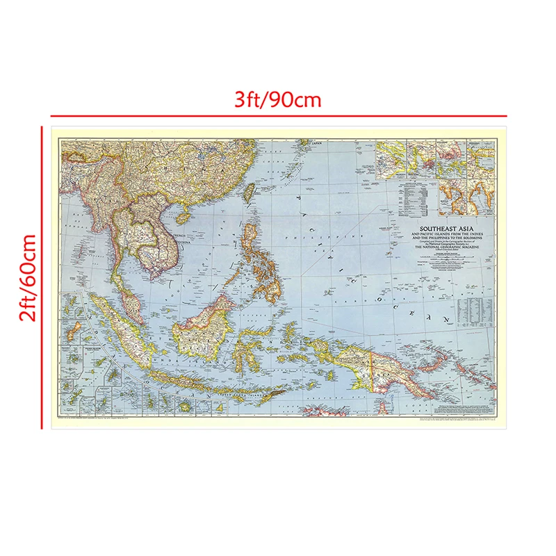 Mapa Horizontal del mundo del sudeste asiático, póster detallado del mundo, carta de pared, papel Kraft, decoración del hogar y la Oficina, 90x60cm, 1944