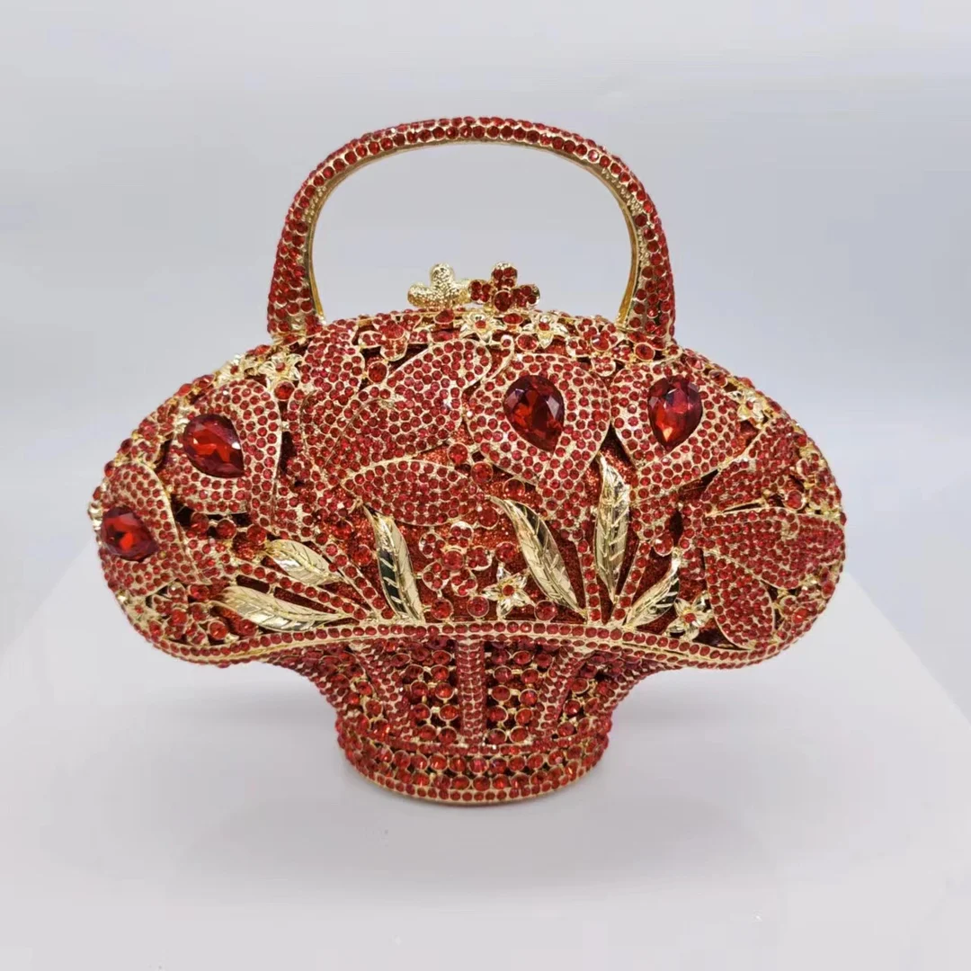 Flower Basket Diamond Dinner Bag Metal Hollow Hand-Held Rhinestone Women\'s Bag Banquet Clutch Purse Crystal Vintage Handbags