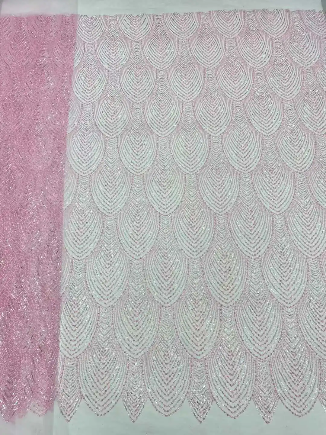 قماش دانتيل مطرز بالترتر الأفريقي الفاخر 2026 جودة عالية العريس النيجيري الزفاف الزفاف التطريز الفرنسية تول الخياطة (الوردي)