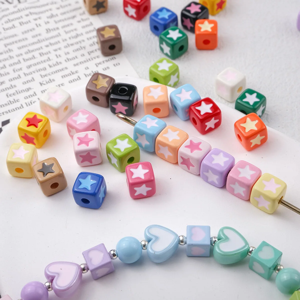 Colorful Cube Square Shape Kawaii Stars Painting Acrylic Jewelry Beads Ornament Accessories Bracelet Earring Decor 100pcs 9*9mm