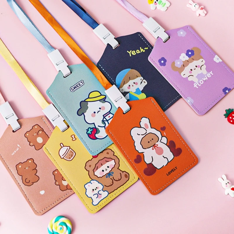 Credit Card Badge Holder Cartoon PU Leather Bus Pass for Case Cover Business Cards for Case Office Work Lanyard Tool