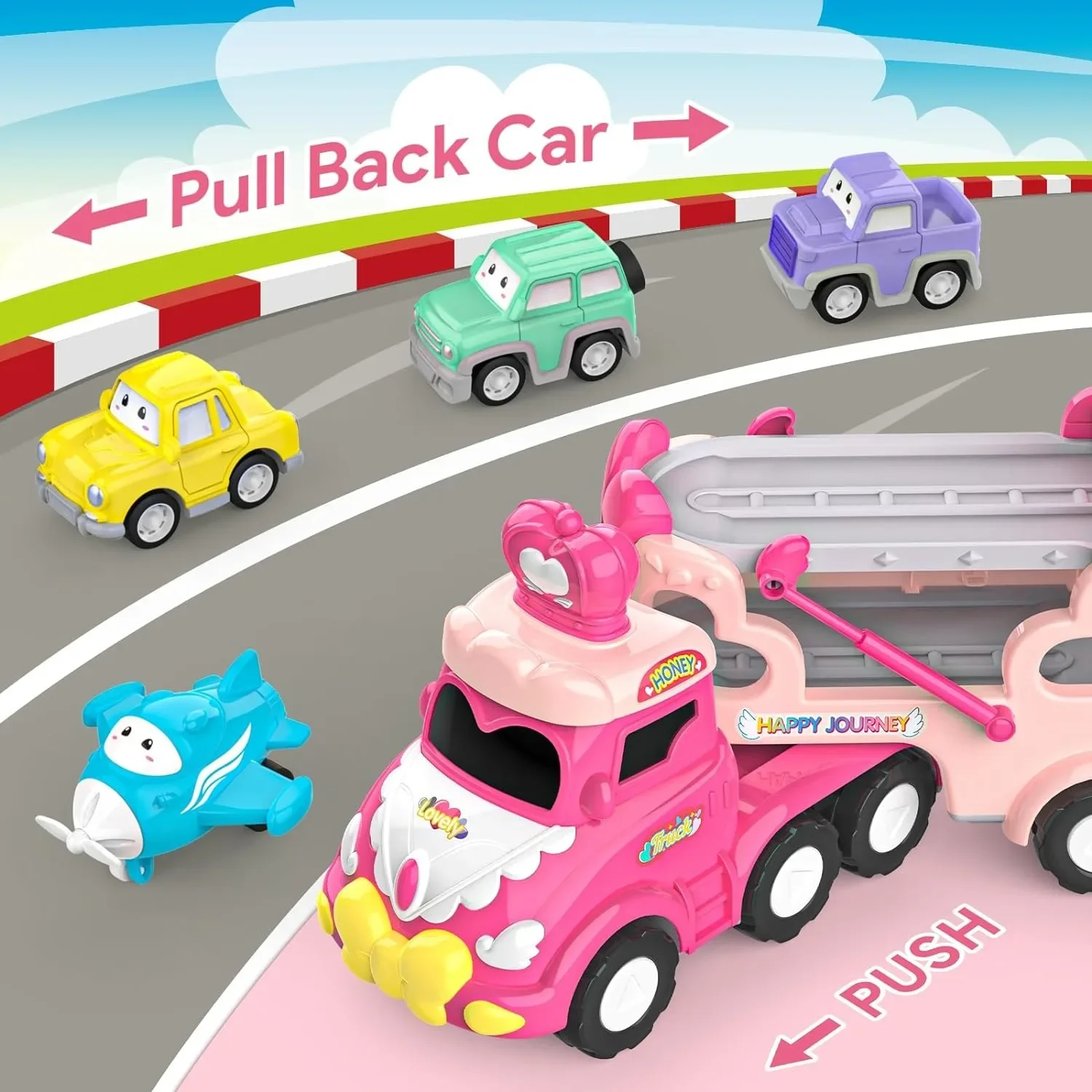 Carrier Car Toy Set with Lights & Sounds Pink Toy for Girl Toddler Kid Friction Powered Double Layer Transport Truck Gift