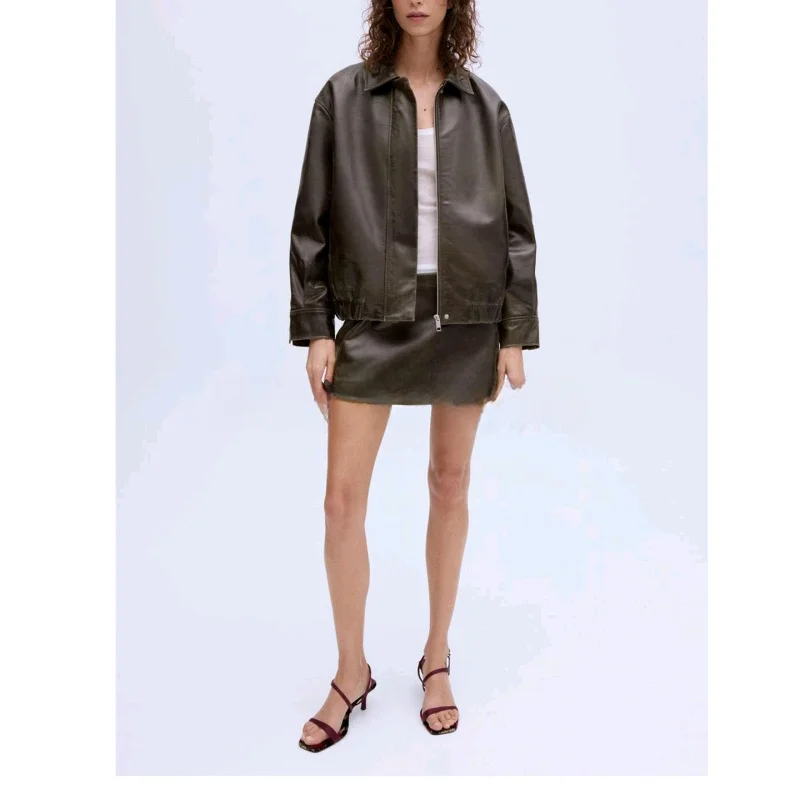 Neue Herbst frauen Motorrad Sle Lange Sve PU Leder Simulation Pilot Jaet Mantel Stehkragen Zipper Verschluss Casual Ou...