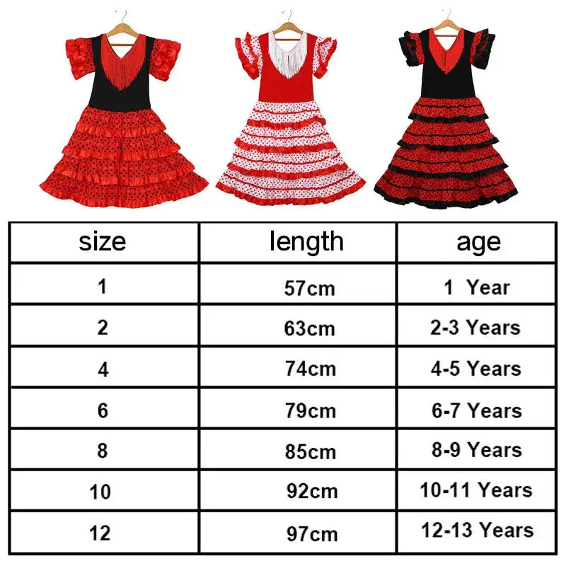 Spanisches Flamenco-Tanzkleid im mexikanischen Stil für Mädchen, 1–13 Jahre, schulterfreies Rüschen-Satin-Performance-Outfit