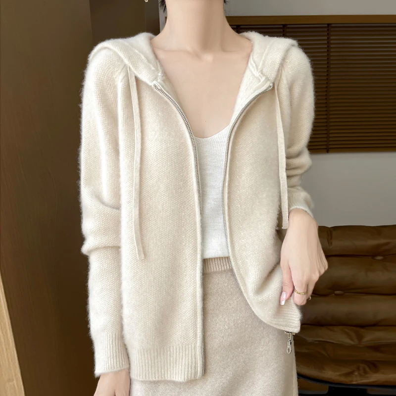 

Women's Outerwear Zipper Cardigan Cashmere Knitted Thick Long Sleeved 2024 New Autumn Winter Loose Warm Outerwear Hooded Collars