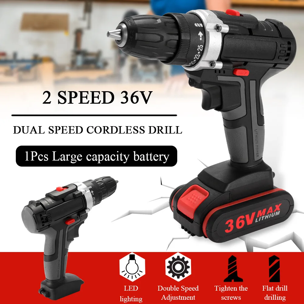 36V Electric Impact Cordless Drill High-power Lithium Battery Wireless Rechargeable Hand Drill Home DIY Electric Power Tools