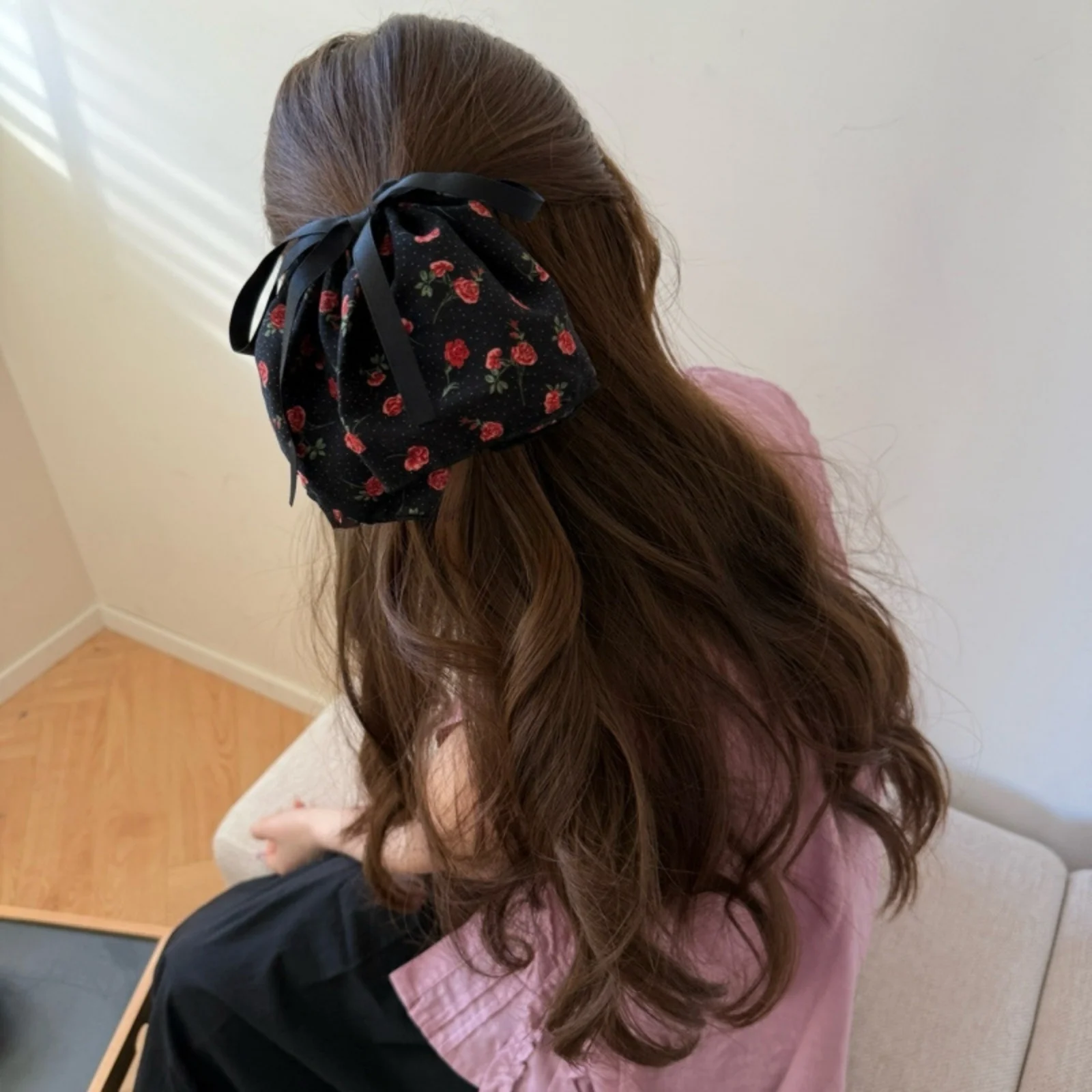 قطعة واحدة من ربطة الشعر بطبعة زهور عتيقة مع شريط فيونكة، إكسسوار شعر جميل للنساء والفتيات