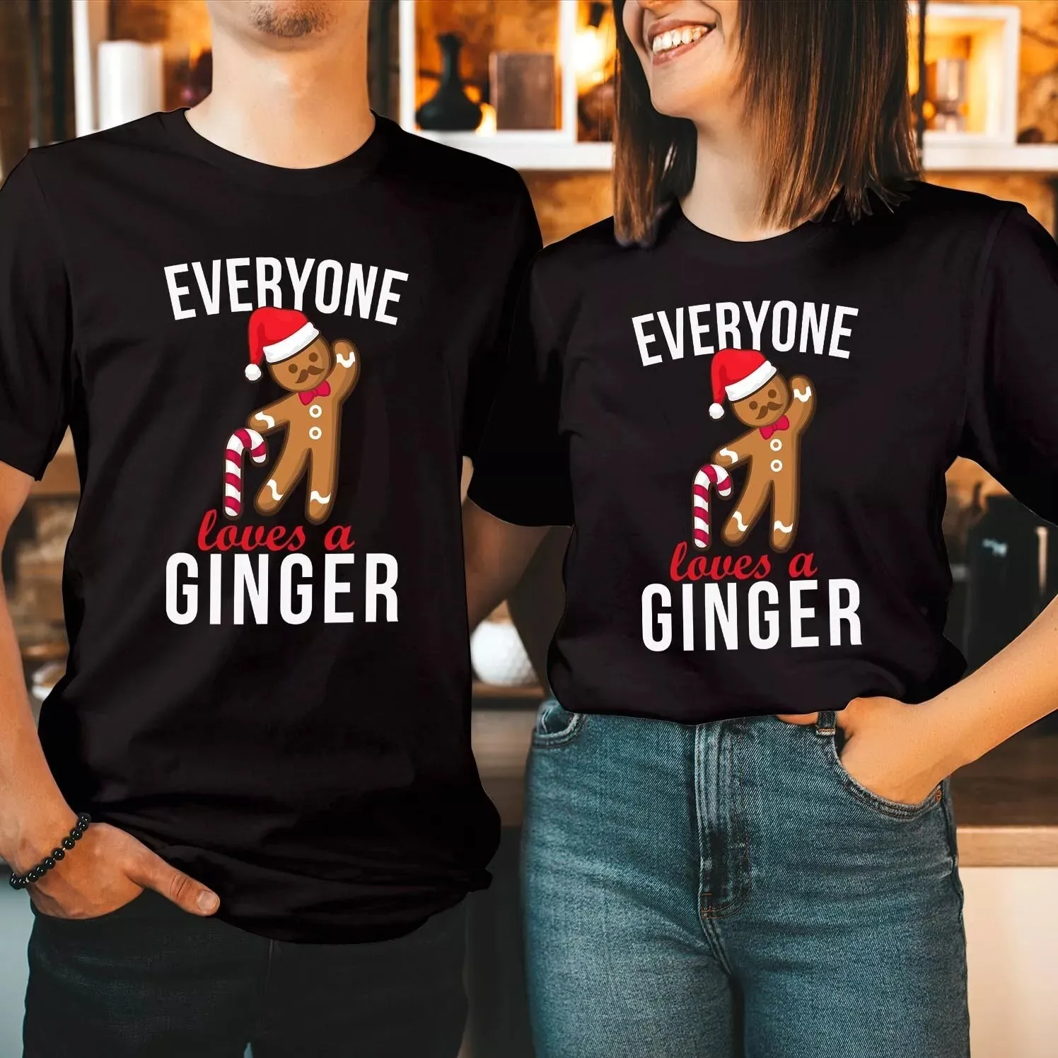 Everyone Loves Ginger Christmas Cute Gingerbread Santa Hat Tshirt Suitable for pairing with two couples and families