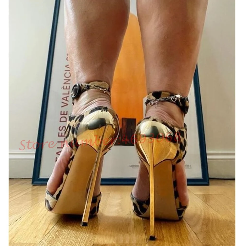 Brown Leopard Metal Stiletto Sandals Women Sexy Suede High Heels Party Peep Toe Pumps Female Shoes Ankle Wrap Large Size Shoes