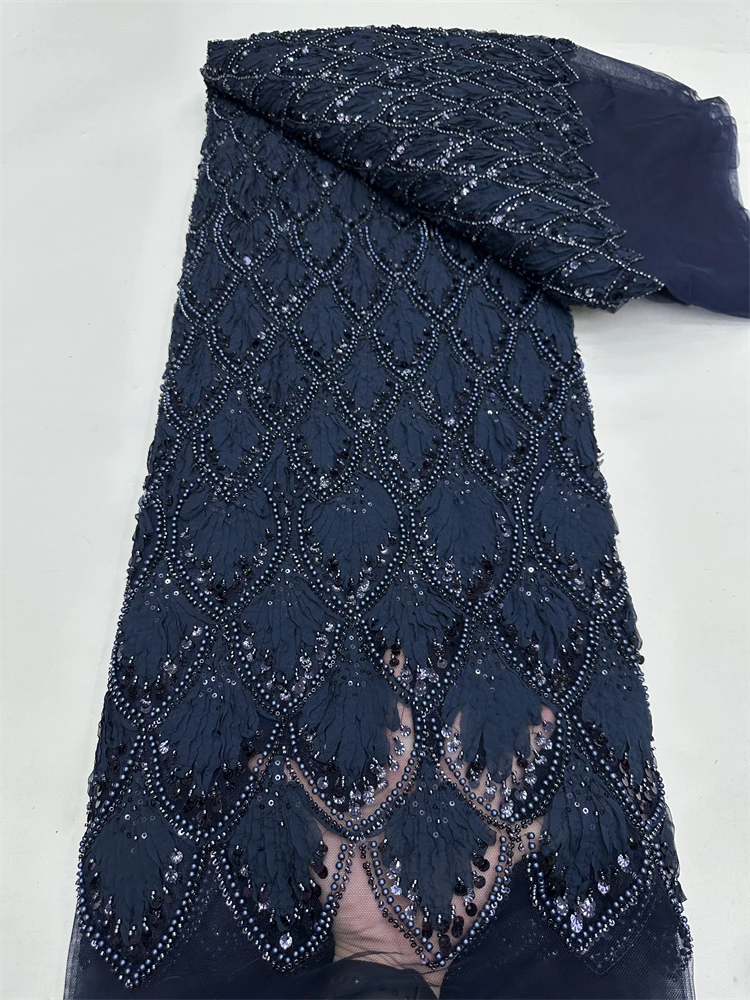 Tessuto di pizzo africano con paillettes all'ingrosso Ricamo francese Pizzo da sposa con perline pesanti di lusso di alta qualità 5 metri