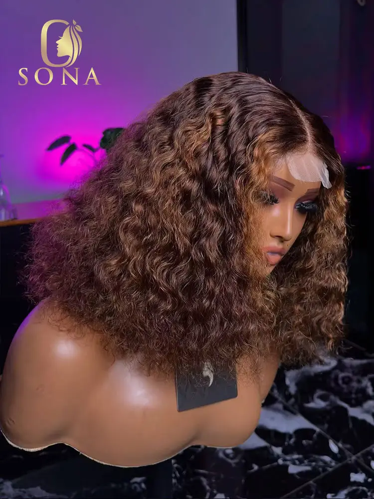 Ombre Brown 4/27 Short Bob Wig 200% Density Highlight Curly Deep Wave 4x4 2X6 Lace Closure Wig Human Hair For Women Pre Plucked