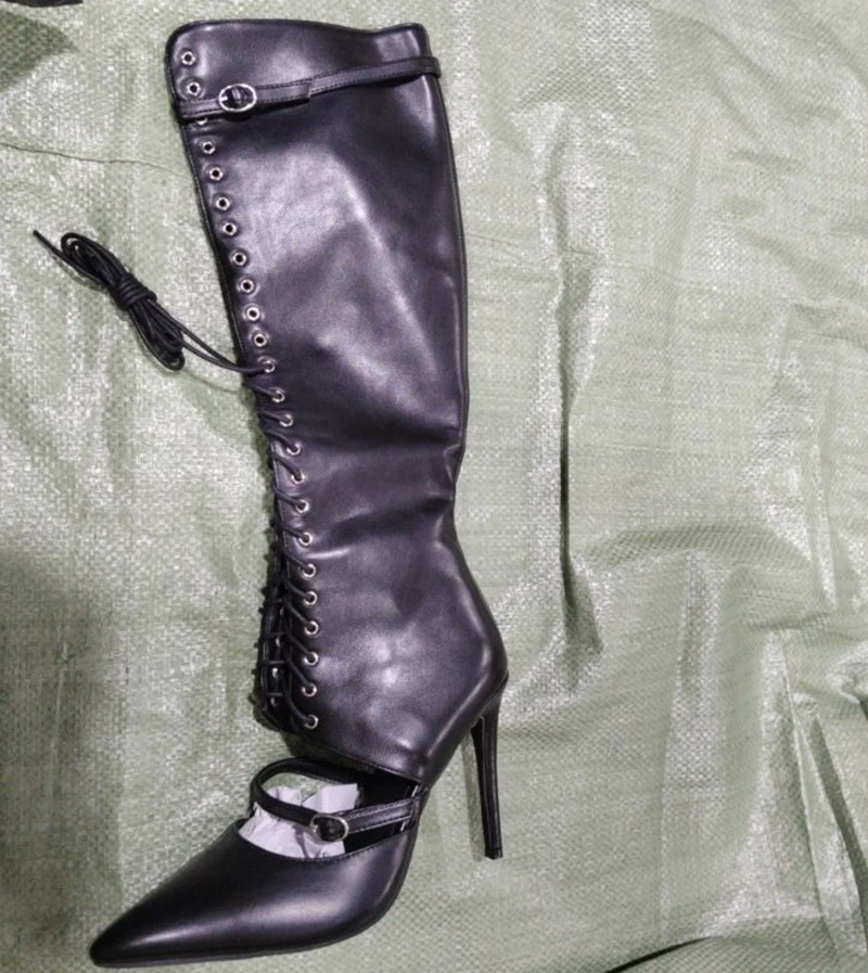 

Модные женские сапоги до колена на шнуровке с полой пряжкой и ремешком, черные, белые кожаные современные длинные сапоги на высоком каблуке с острым носком