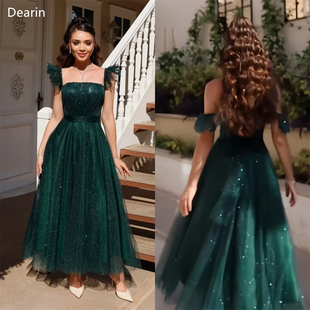 

Customized Evening Gown Dearin Square Collar A-line Floor Length Skirts Draped Tulle Sleeveless Bespoke Occasion Dresses Prom Fo