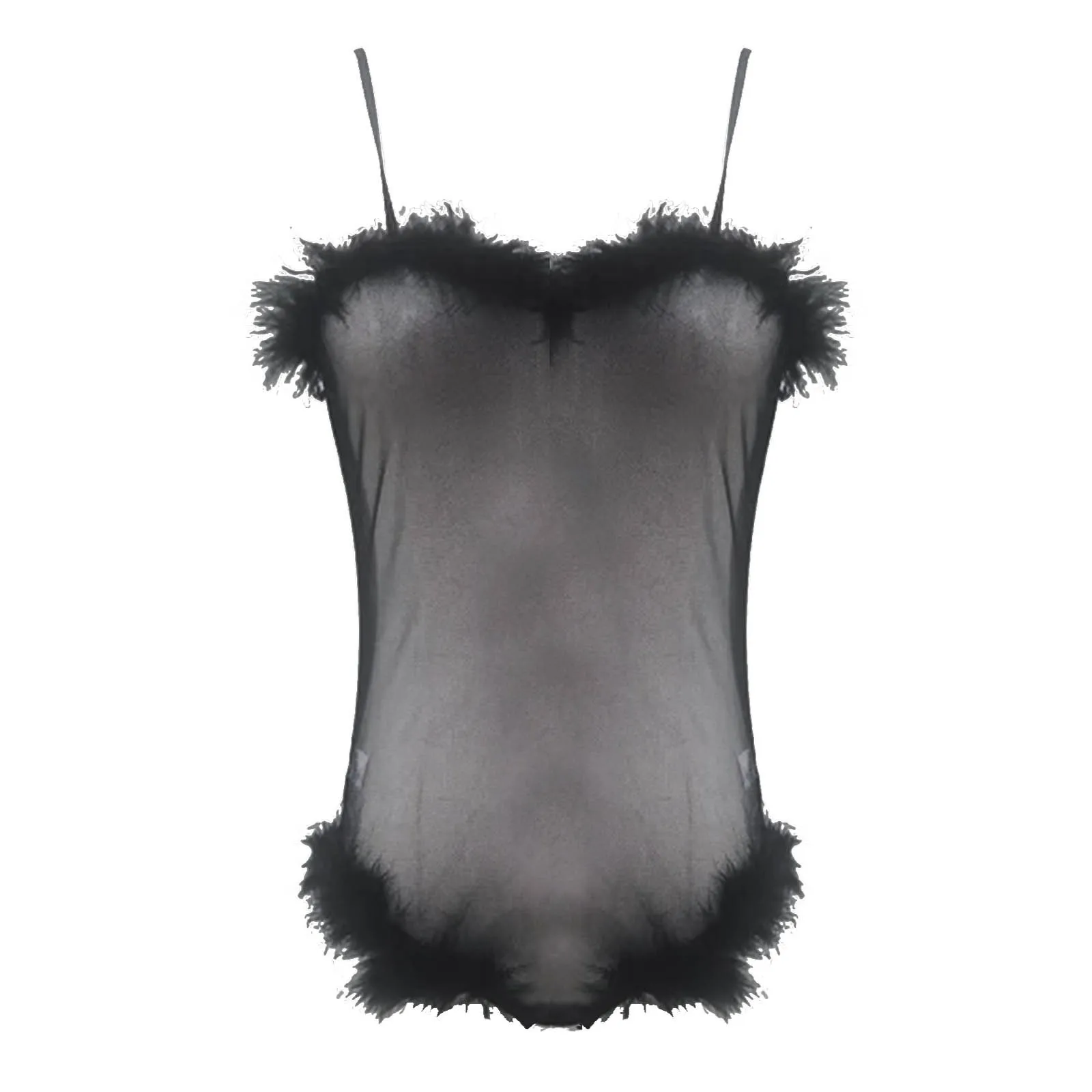 Mono de plumas de peluche esponjoso para mujer, lencería Sexy de malla de Color sólido, Honda transparente, pijama, body, disfraces exóticos