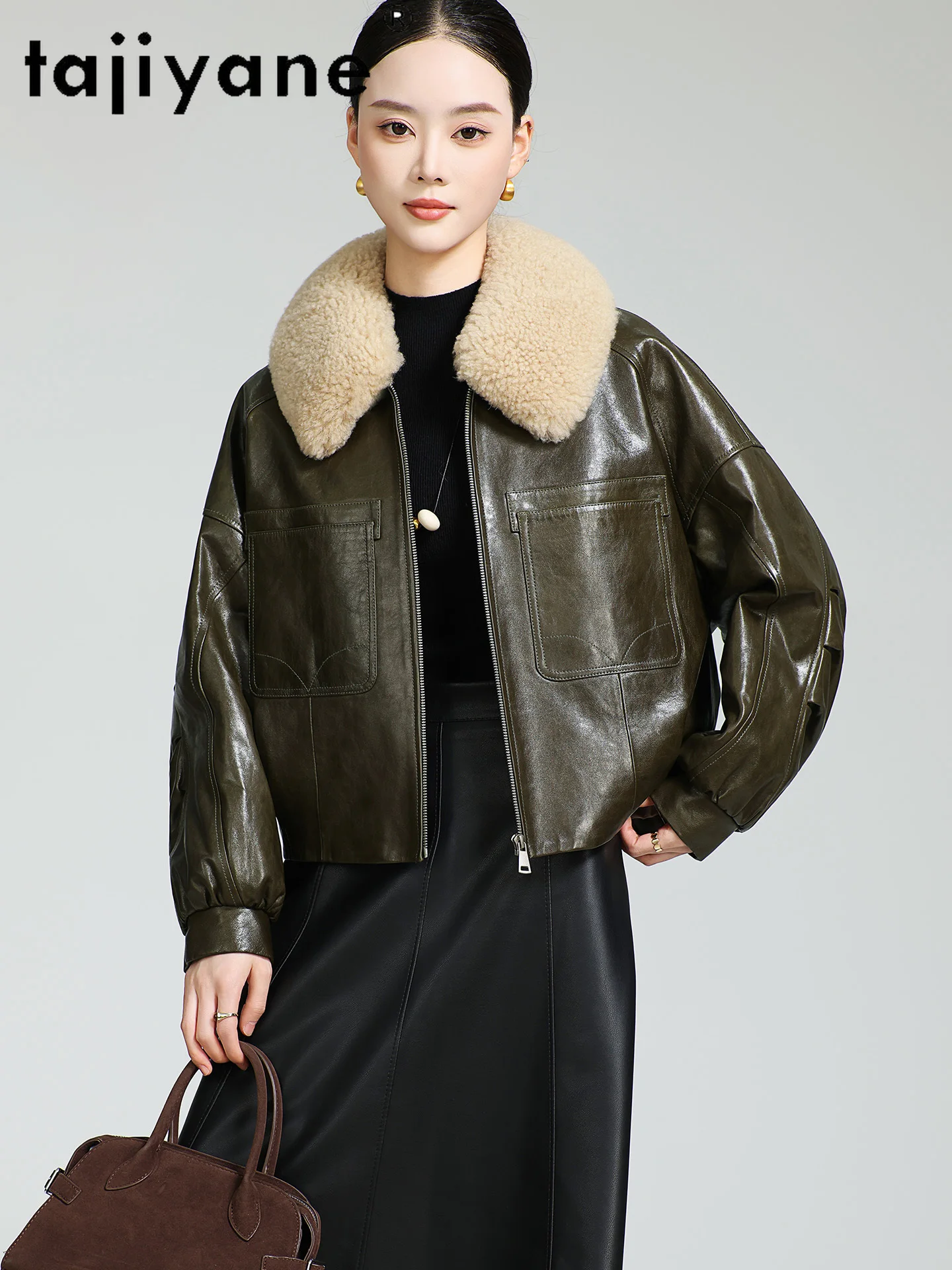 TAJIYANE 100% pelle di pecora a grana superiore Piumino d'oca bianca Donna Piumino corto in vera pelle con colletto in lana 2025 Inverno