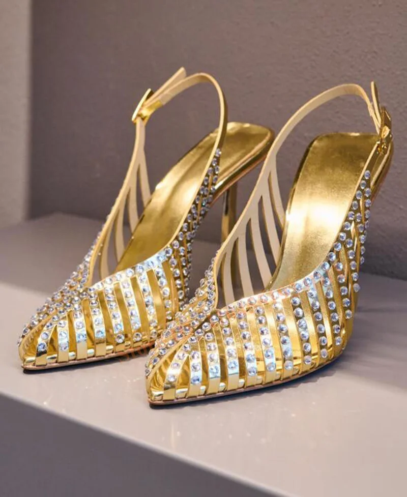 Blade Heeled Stilettos Cage Crystal-Embellished Pumps Cut Out Shiny Slingback Belts High Heels Buckle Straps for Women Shoes