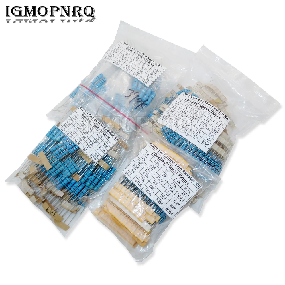 300PCS/Set 30 Kinds 1/4W 1/2W 1W 2W 3W Resistance 1% Metal Film Resistor Pack Assorted Kit 0.1R-750R 1K-820K Resistor 150PCS/Set