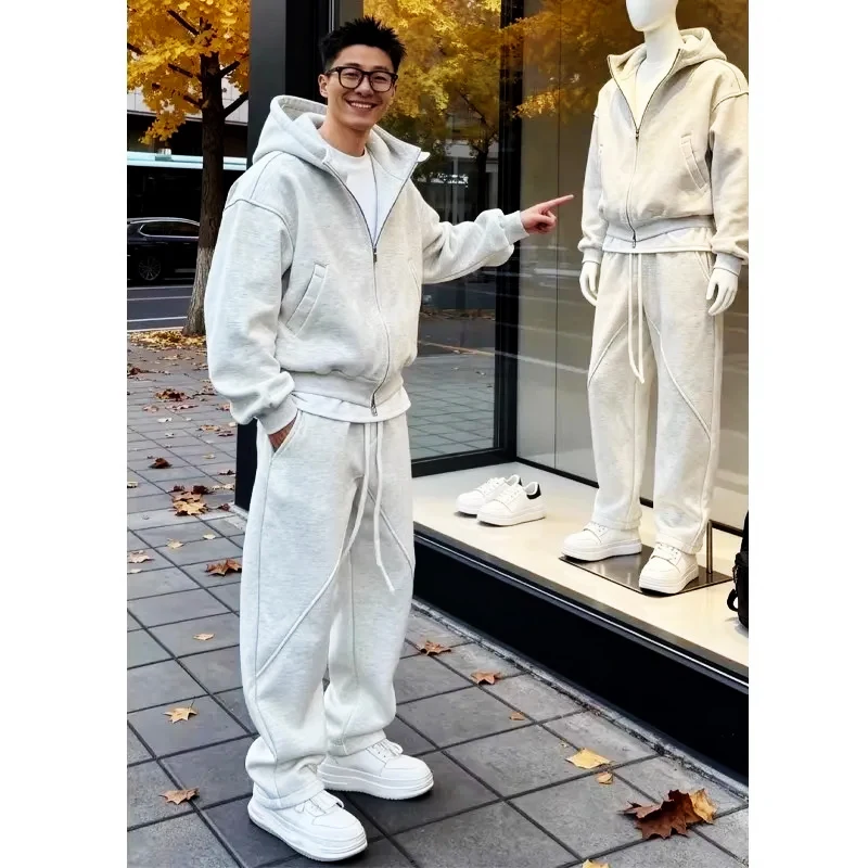 

2026 Spring Autumn Men's Tracksuit Trendy Casual Sportswear Hooded Sweatshirt Pants 2 Piece Set Advanced Sense Gray Outfits