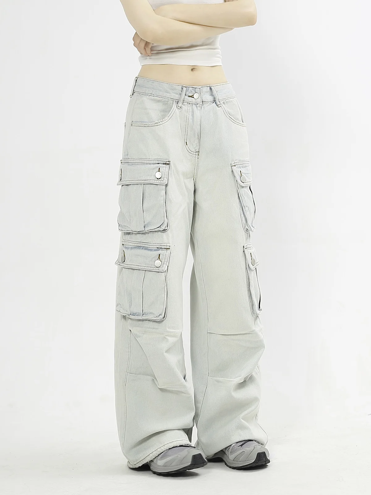 

Retro American Waed Straight Leg Light Blue Workwear Jeans Men Women Street Wide Leg Floor-Length Casual Pants