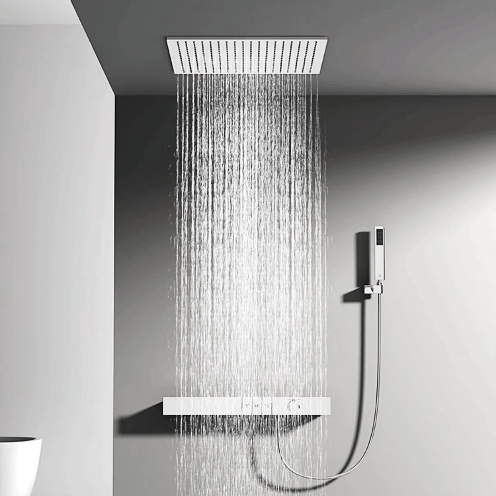 Luxury wall mounted chrome brass shower system with hidden design LED display for dual control of hot and cold bathroom faucet