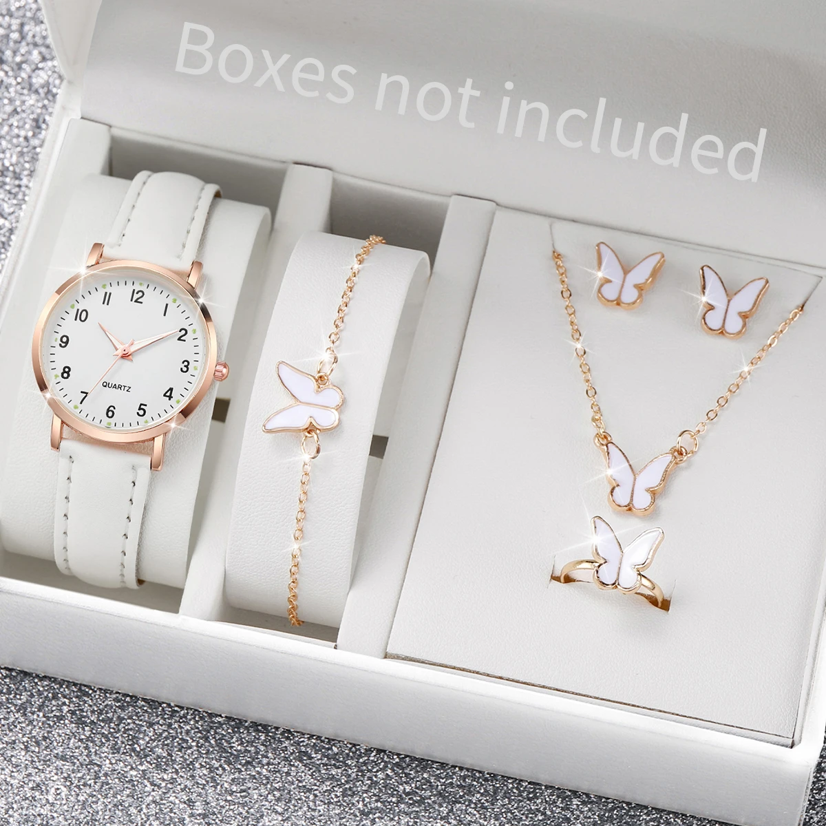 6PCS/Set Women\'s Watch Simple Arabic Dial Quartz Watch Fashion Leather Band Wristwatches Jewelry Set(Without Box)