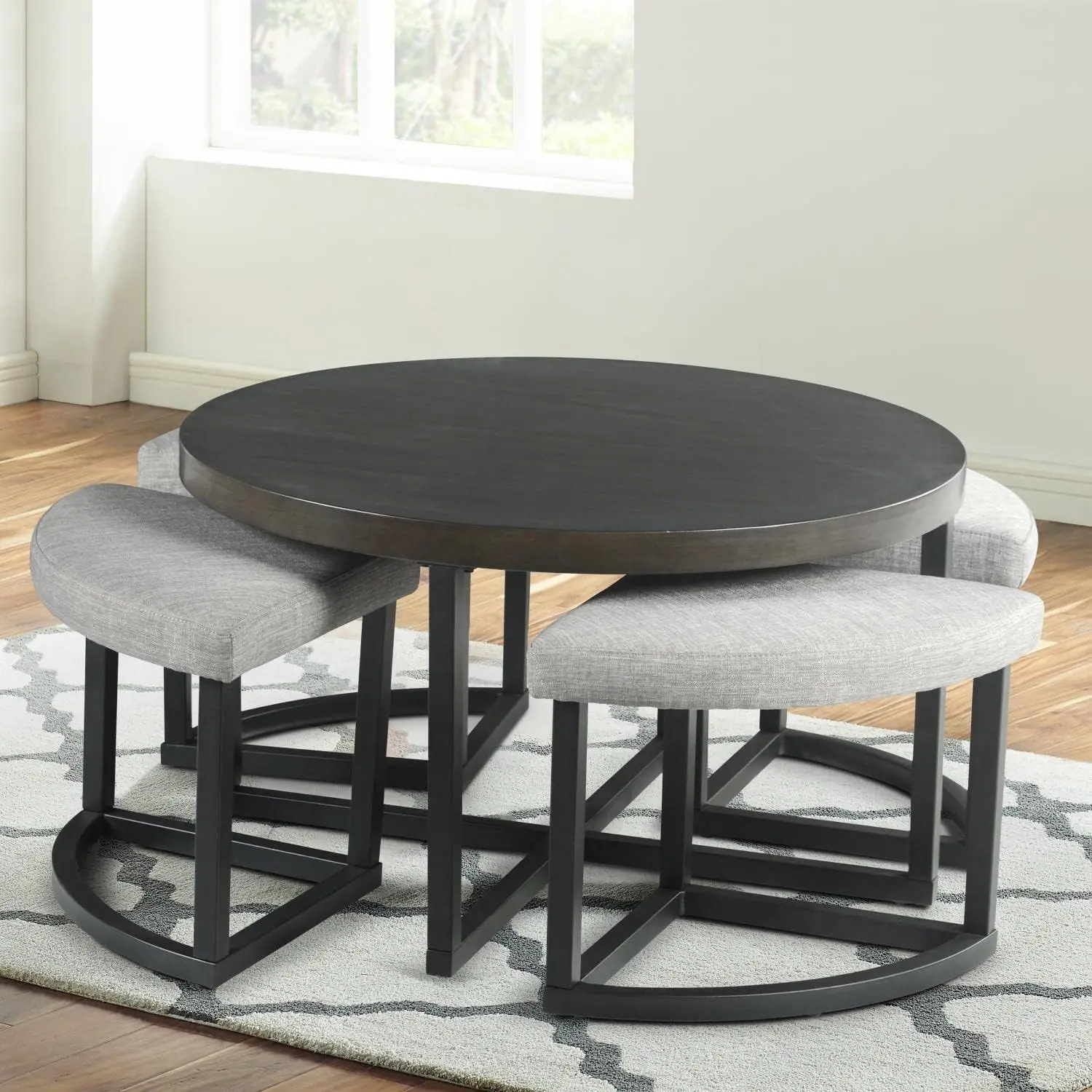 Steve Silver Furniture Yukon Coffee Table W/Stools, Iron Base, Mindi Veneers, Engineered Hardwoods, And Upholstered Seating,