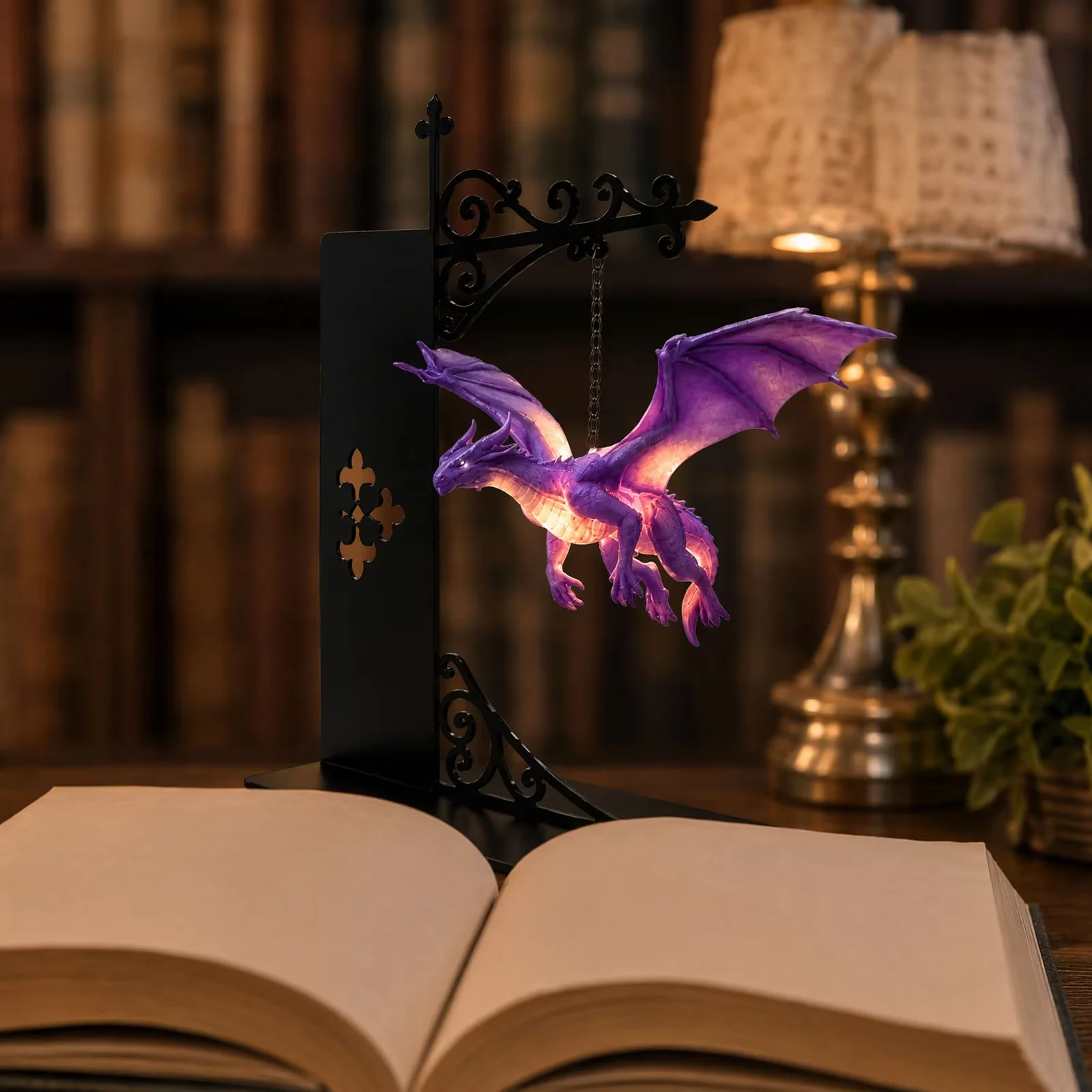 Dragon Reading Corner Light Warm LED Night Lamp Fantasy Bookshelf Shelf Decor Metal Creative Bookends Light