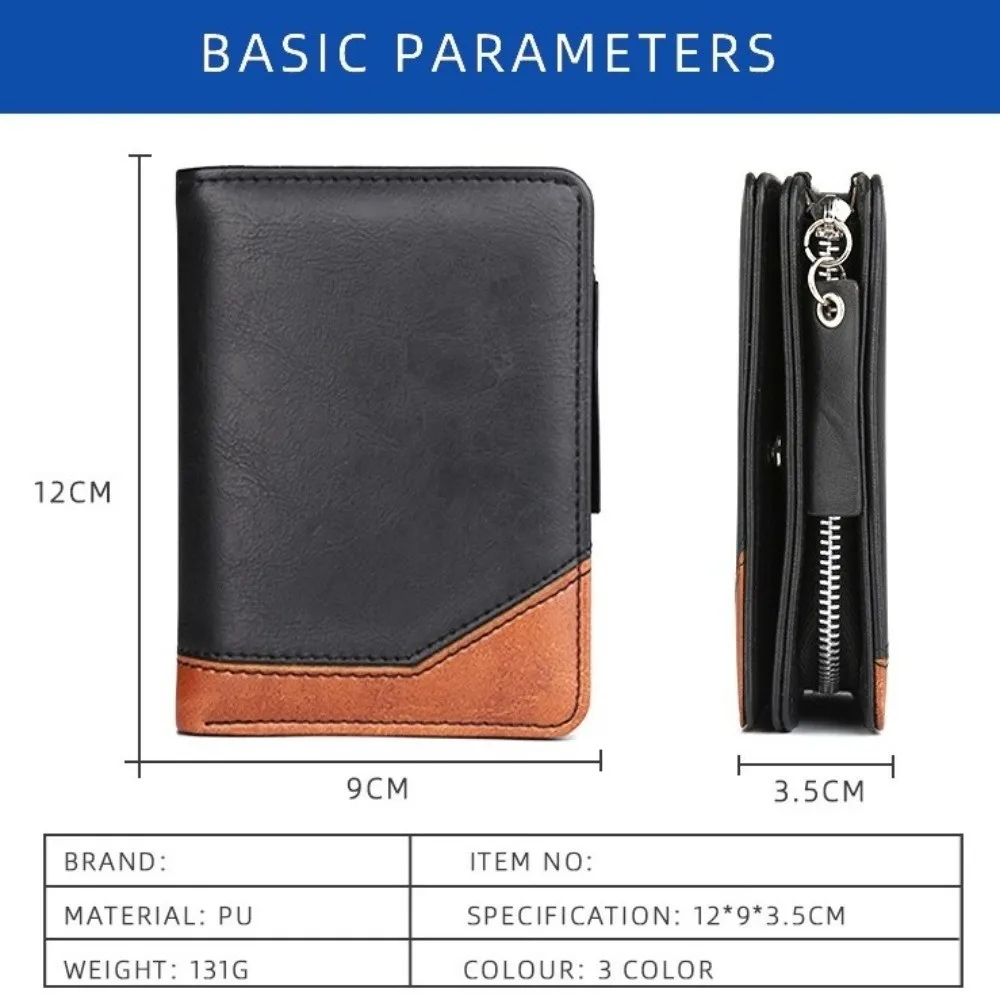 Carteira curta masculina de couro pu com zíper, bolsa de mão com bloqueio de cor, grande capacidade, porta-moedas, porta-cartões, compras