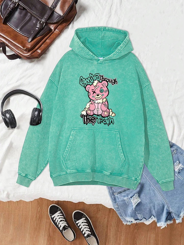 Smile Through The Pain Cartoon Bear Printing Distressed Cotton Hoodies Men'S Autumn Simple Pullover Warm Crewneck Washed Hoody