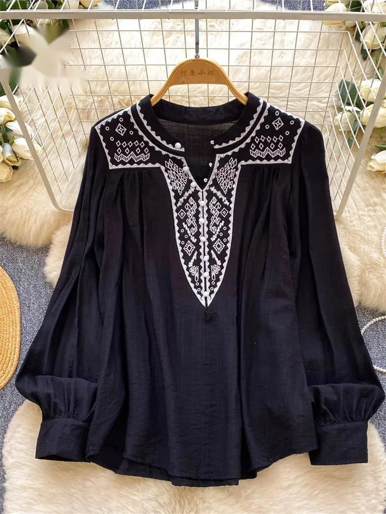 

Embroidery Simple Workwear Shirt French Style Lantern Sleeve Loose Blouse Spring Women Linen Cotton Retro Fashion Tops