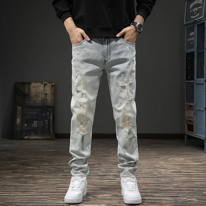 

Korean fashion designer men's blue jeans retro elastic slim fit patchwork retro jeans men's casual denim pencil pants hombre