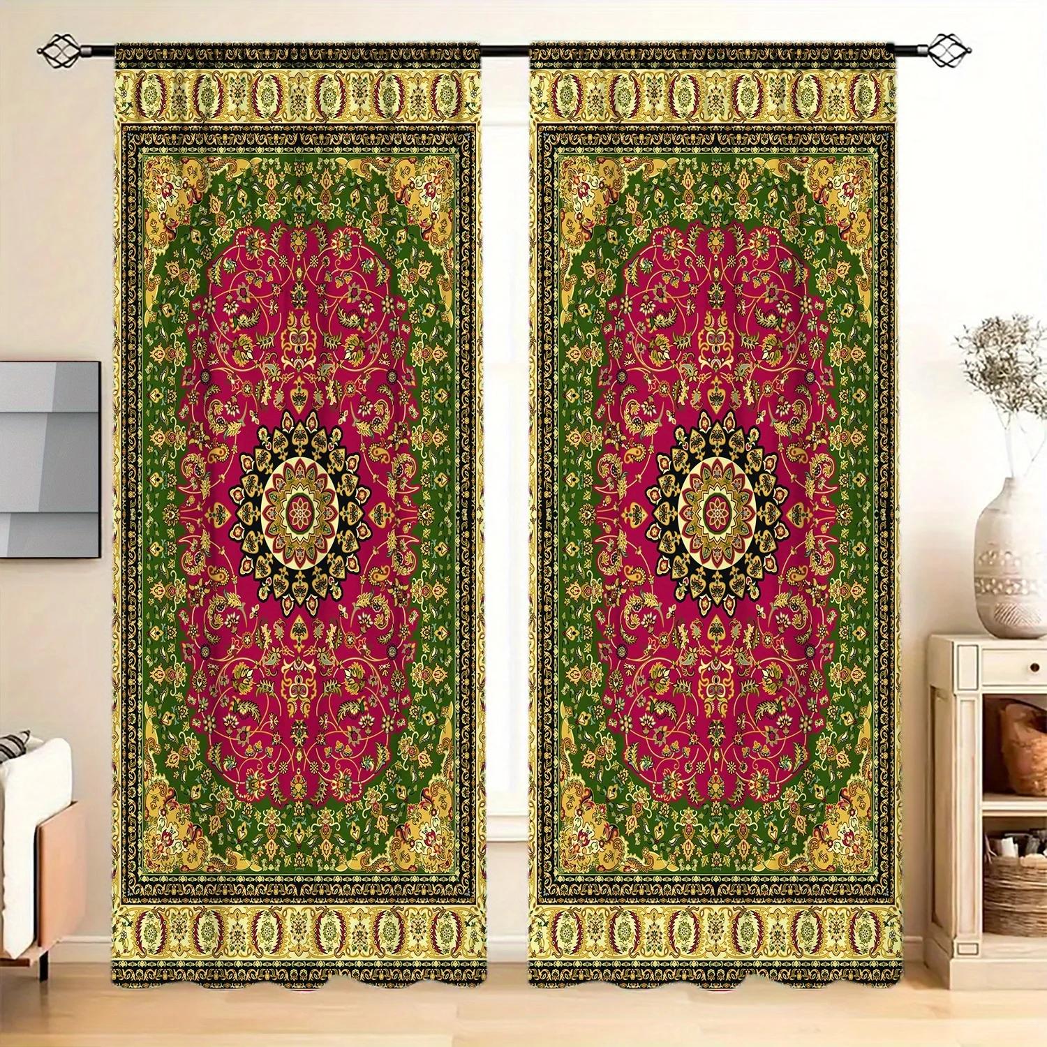 Ethnic Mandala Floral Window Curtains 2 Panels Classic Oriental Intricate Flower Medallion Light Blocking Curtains Boho Room