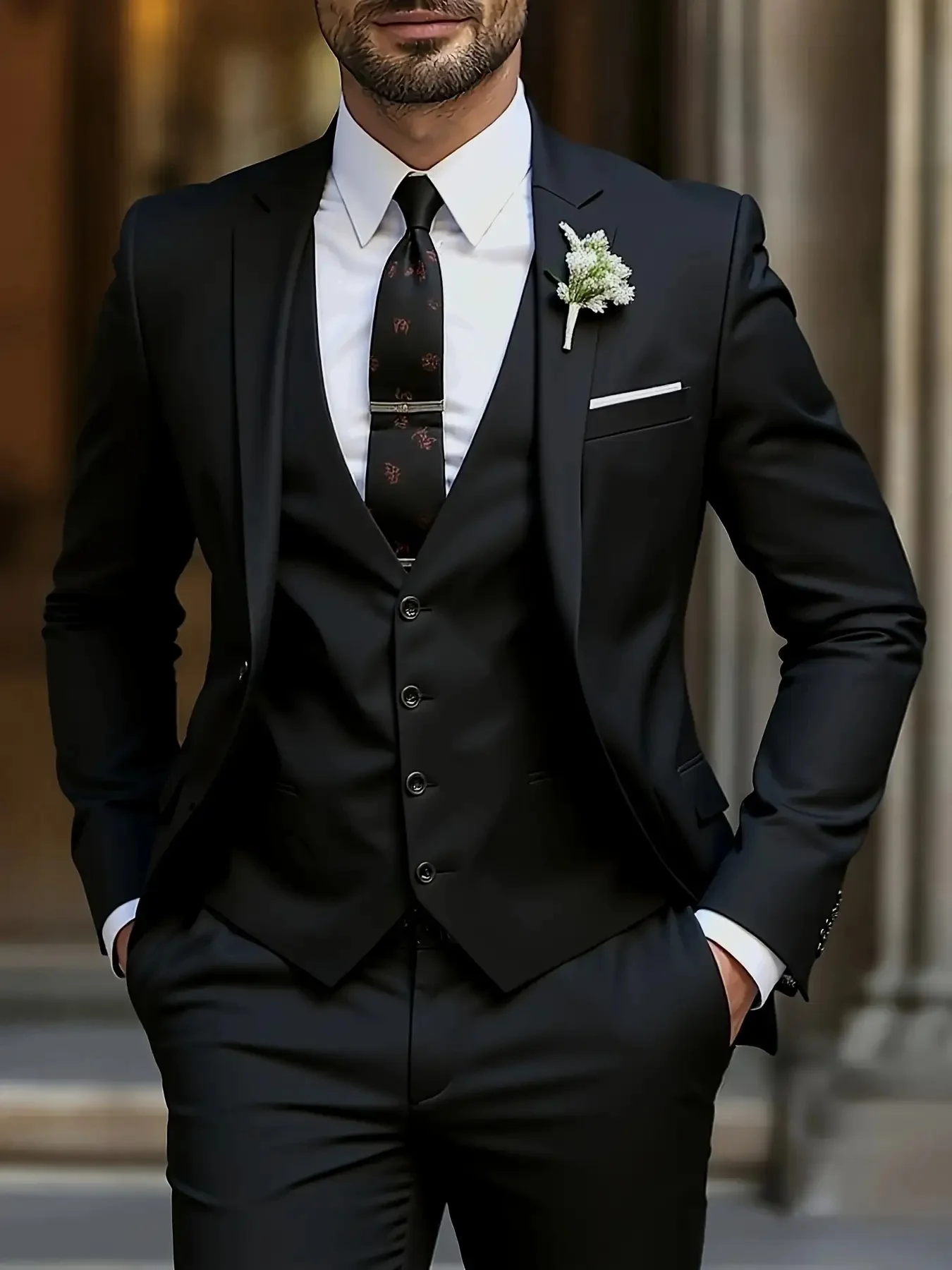 

Hot Sale Men's Solid Suit Single Breasted Notch Lapel 3-Piece Fit