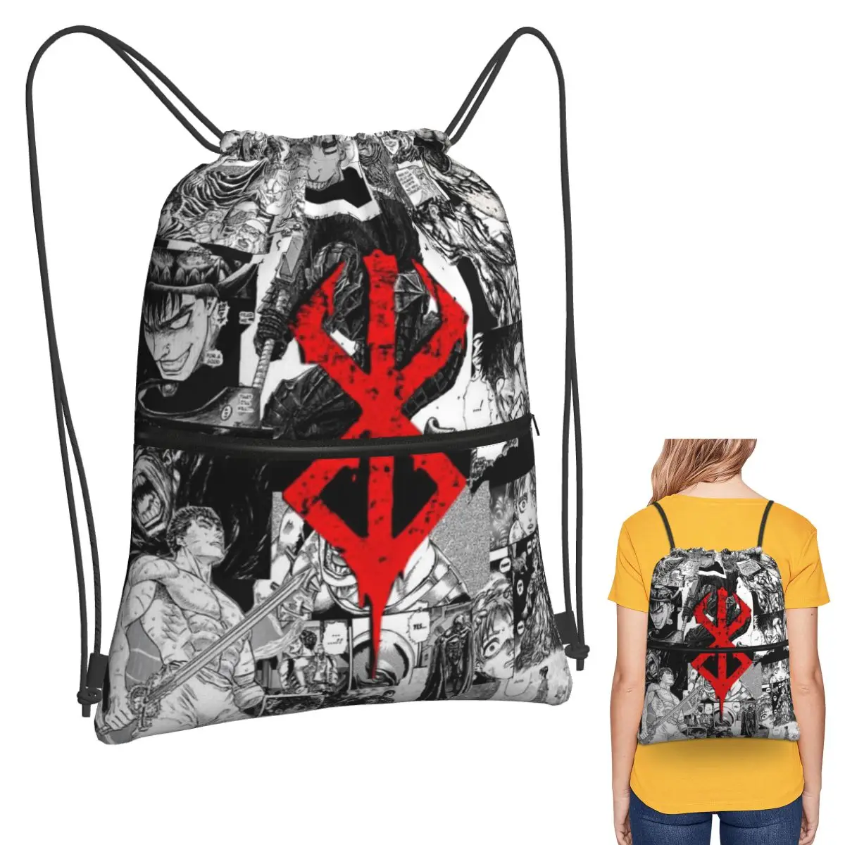 Mochilas de Anime Japonés Berserk Swordsman Manga Guts, Bolsas con Cordón Multifuncionales, Bolsa Deportiva, Bolsas para Libros, para Viajes y Estudiantes