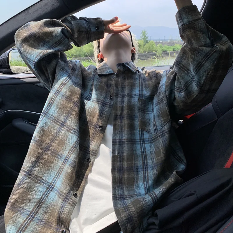 Autumn Long Sleeved Shirt Men Fashion Retro Plaid Shirt Men Japanese Streetwear Hip-hop Loose Casual Shirts For Men Large Sizes