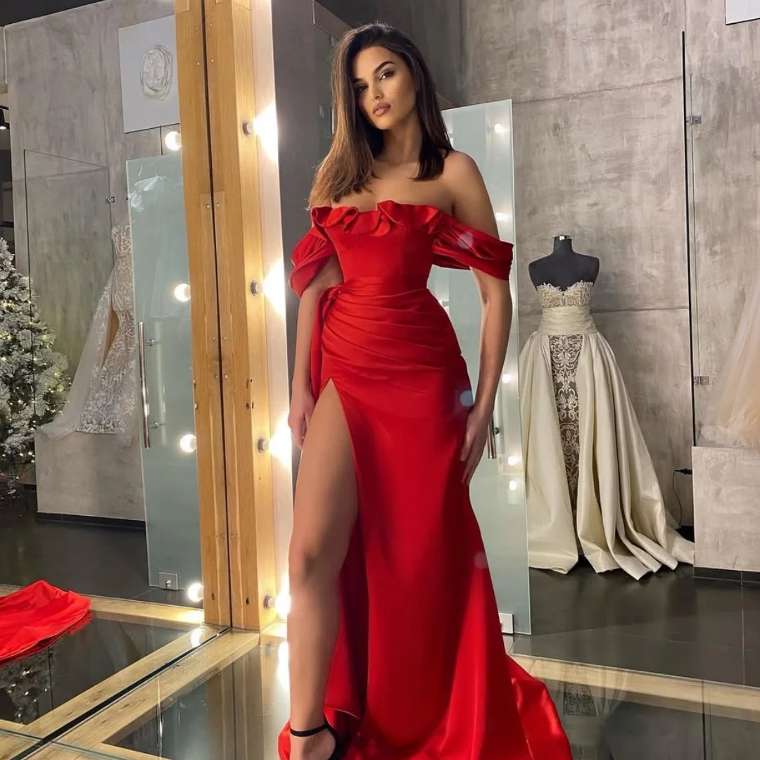 Customized Modern Satin A-Line Off The Shoulder Evening Dresses Strapless Short Sleeves Panel Train Red Celebrity Gown