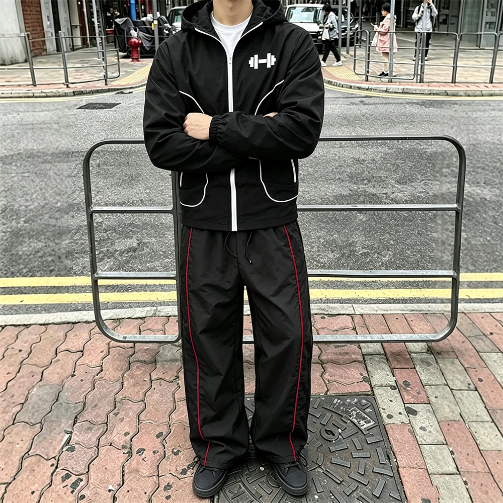 Workout Fitness Mens Tracksuit Stripe Hooded Jacket Geometric Dumbbell Print Drawstring Hem Trousers Casual Running 2 Pcs view 2