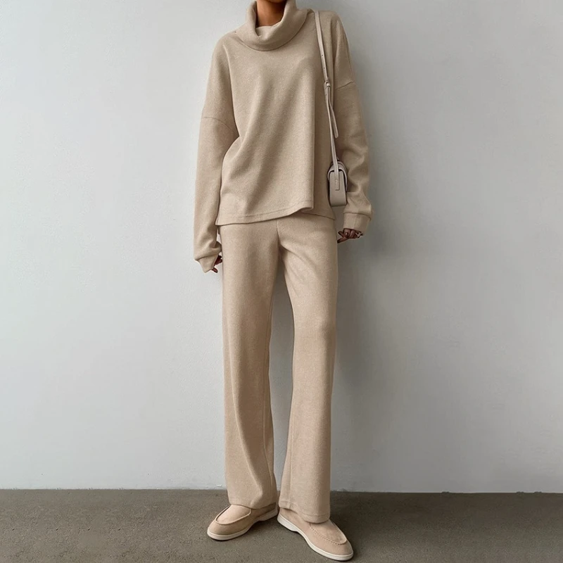 Elegant Autumn Winter 2 Pieces Women's Sets Knitted Tracksuit Turtleneck Sweater and Straight Jogging Pants Outfit Suits