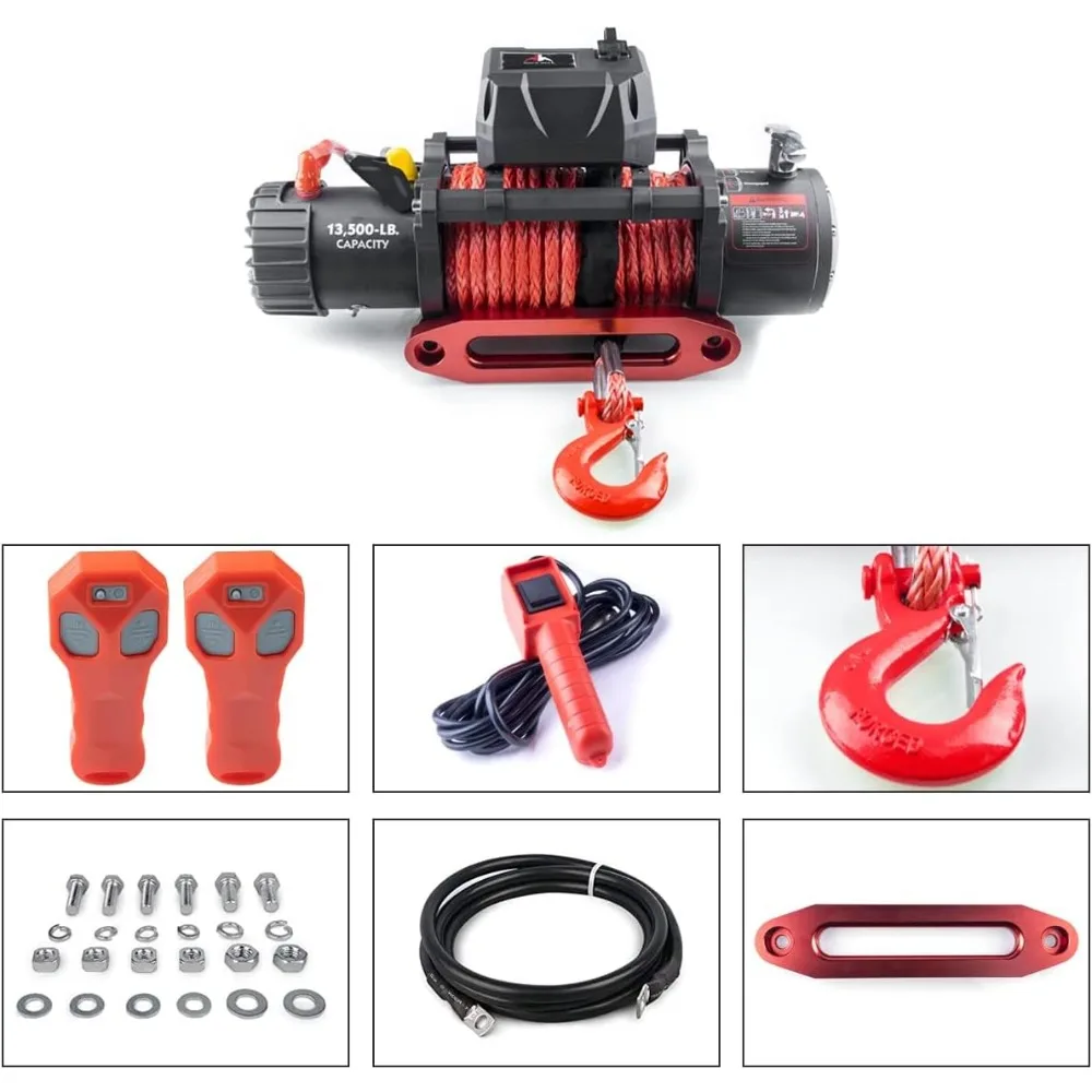 กว้านเชือกสีแดงสังเคราะห์กันน้ํา 13500 ปอนด์ความจุโหลดชุดกว้านไฟฟ้า, กว้านพร้อมที่จับแบบมีสาย