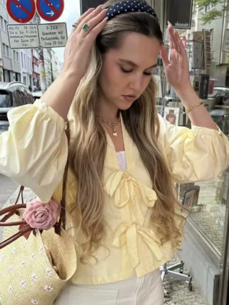 

Loose Solid Long Sleeve Shirts Women's Chic Hollow Out V-neck Lace-up Shirts Lady Sweet Bow Semi-sheer Blouses Fashion Tops