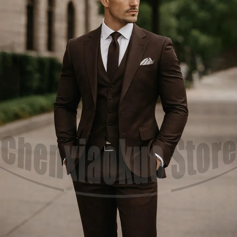 

Dark Brown Men Suit 3 Piece Single Breasted Notch Lapel Formal Wedding Groom Tuxedo Blazer Pants Vest For Business Prom Party