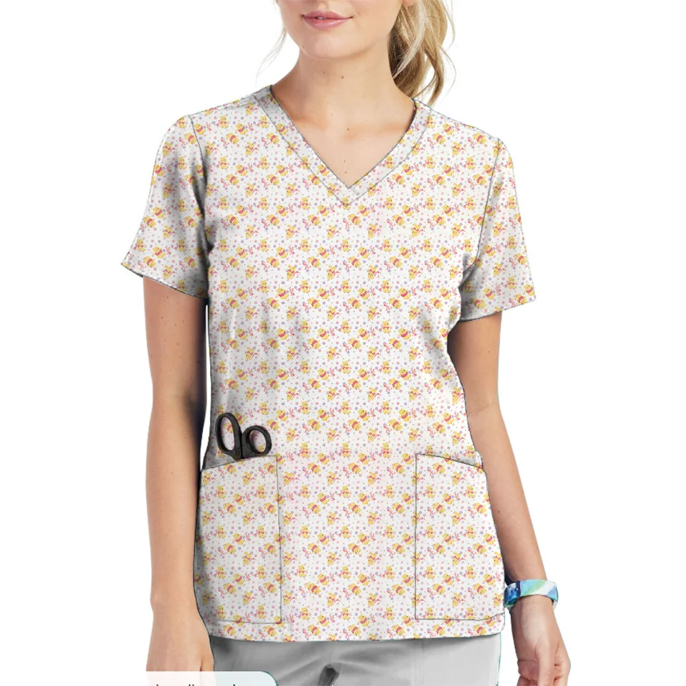 Lovely Winnie The Pooh Disney Medical Uniforms Nurse Scrub Dental Hospital Nursing Tops V-neck Uniform Scrubs Tops for Women