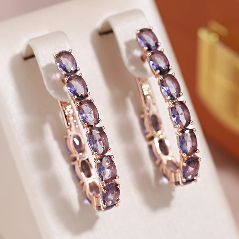 JULYDREAM Full Oval Purple Zircon 585 Gold Color Hoop Earrings Women Luxury Geometric Jewelry Party Wedding Accessories