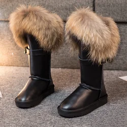 Luxury Winter Women Boots Natural Fox Fur Snow Boots Genuine Leather Mid-calf Boots Cow Anti-slip Waterproof Warm Flat Boots