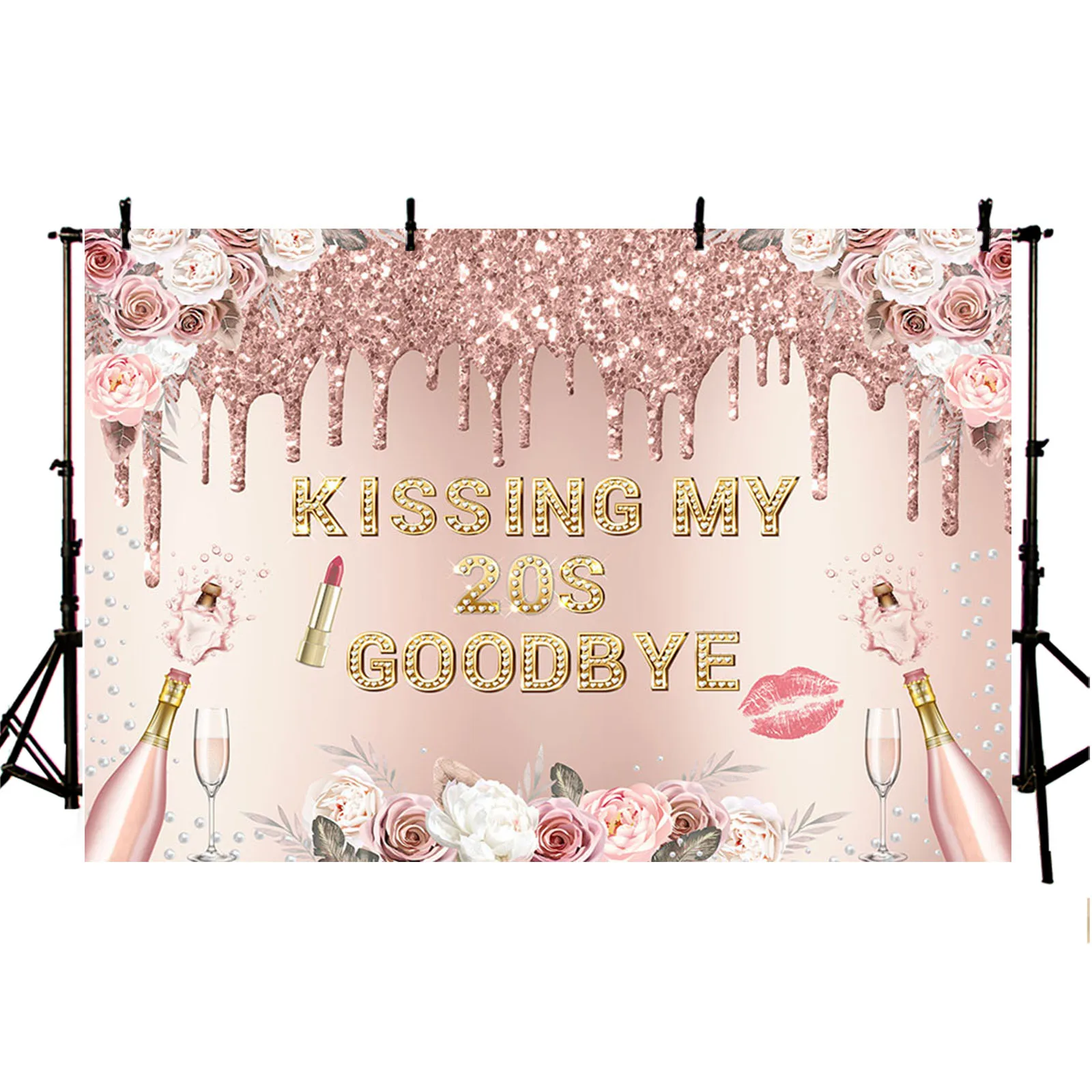 AIBIIN Happy 30th Birthday Backdrop for Women Kissing My 20s Goodbye Glitter Boho Floral Champagne Photo Background Party Decor